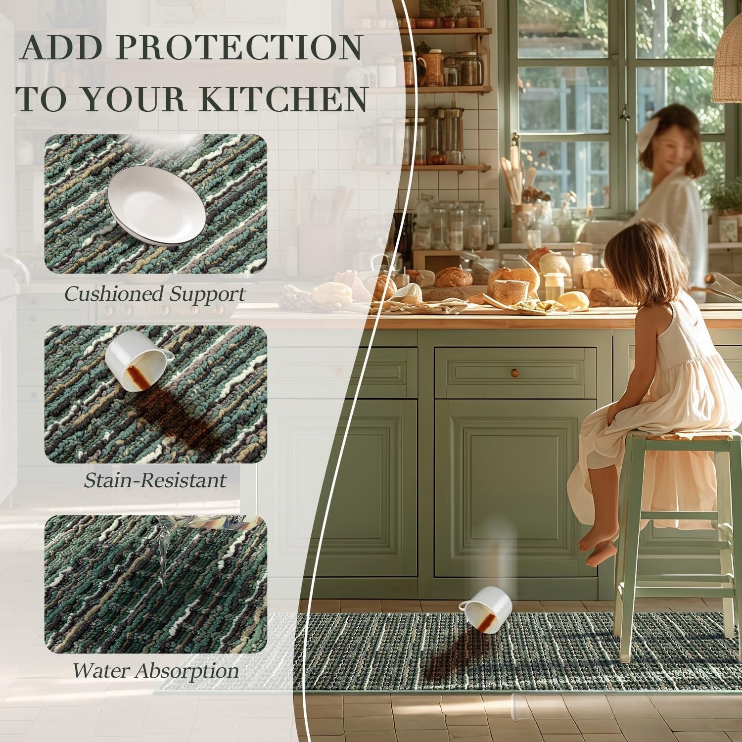 Green Non‑Slip Kitchen Rug Set of 2