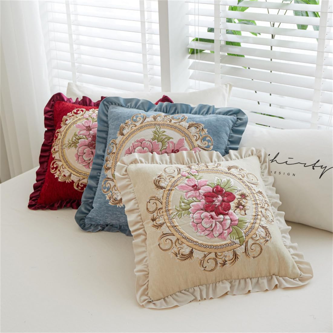 Set of 2 White Chenille Embroidered Pillow Covers
