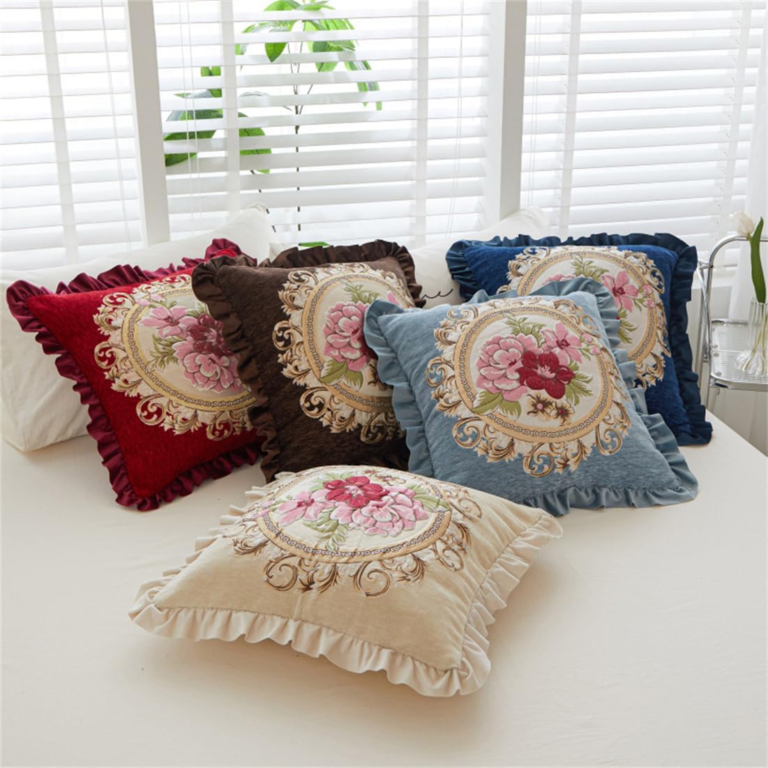 Set of 2 White Chenille Embroidered Pillow Covers