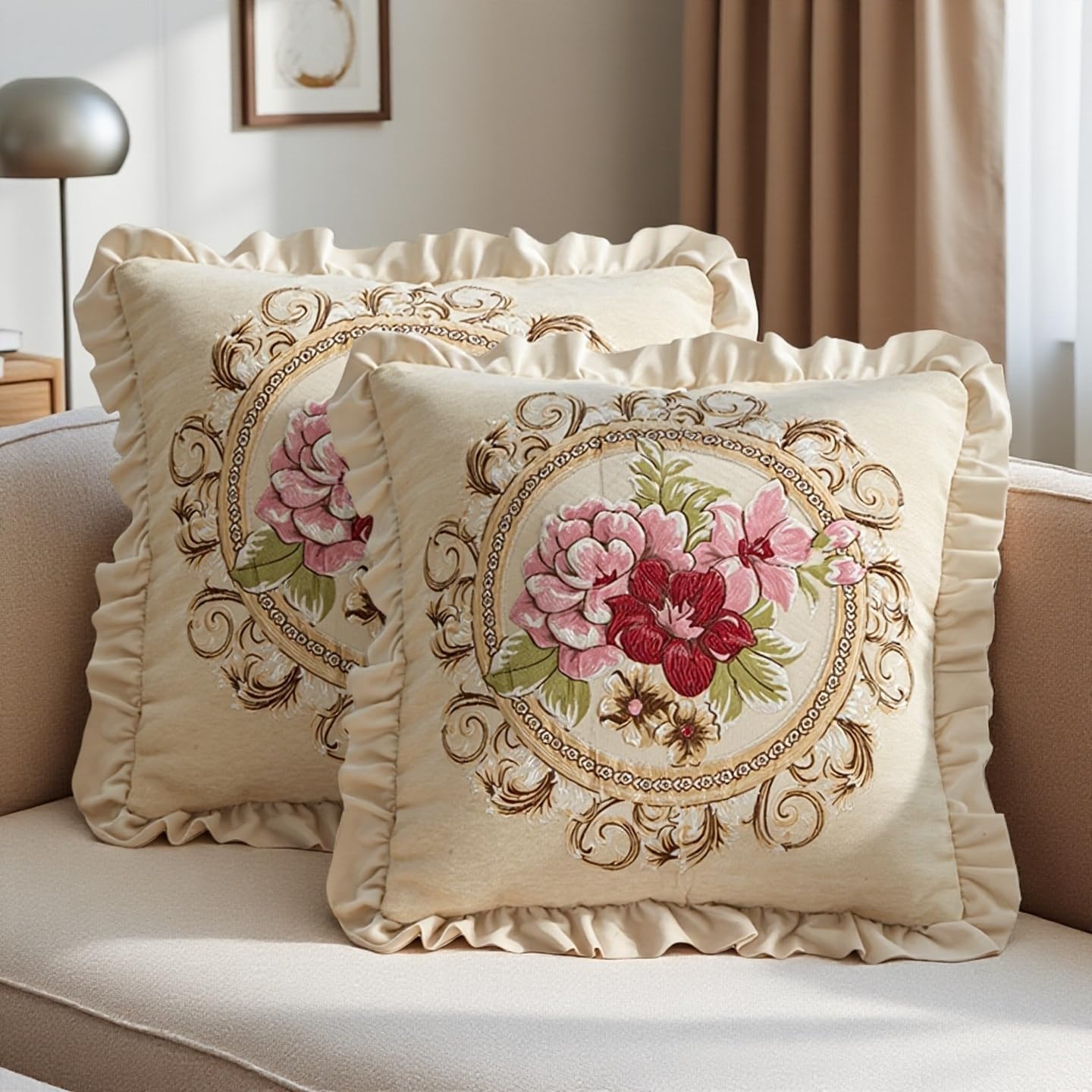 Set of 2 White Chenille Embroidered Pillow Covers