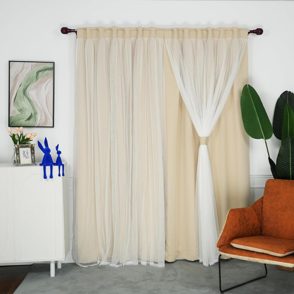 52x96" Beige Blackout Curtains with Sheer Overlay
