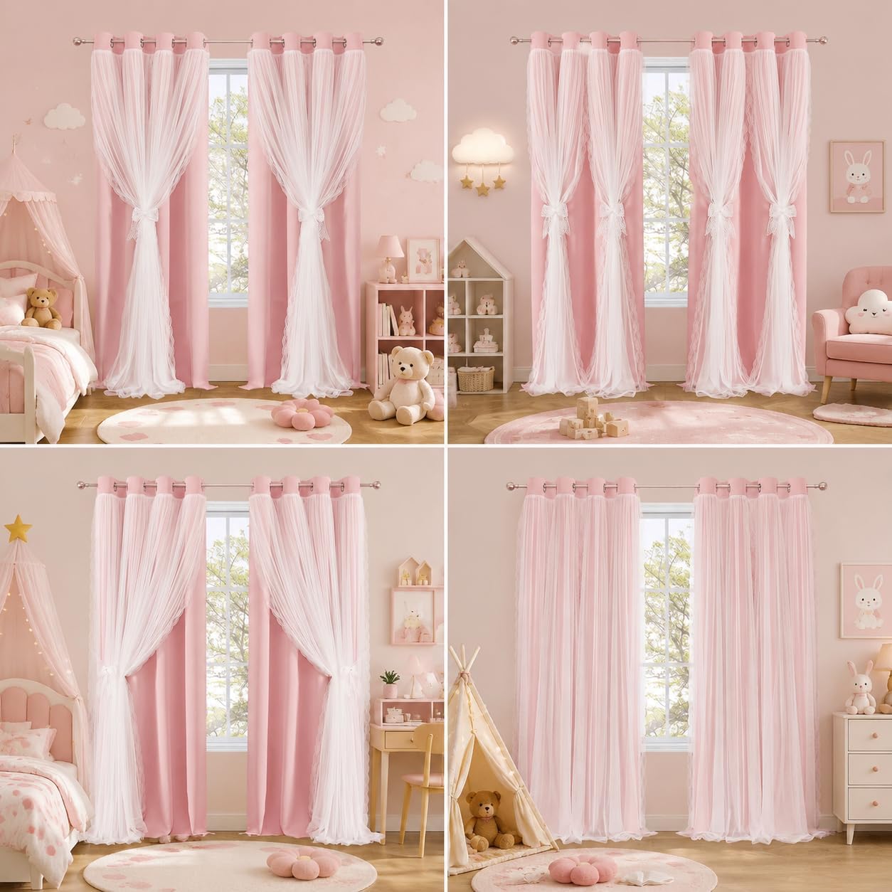 Set of 2 Pink Blackout Curtains with White Sheer 84"
