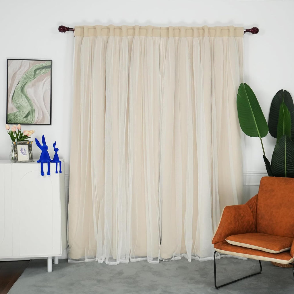 52x96" Beige Blackout Curtains with Sheer Overlay