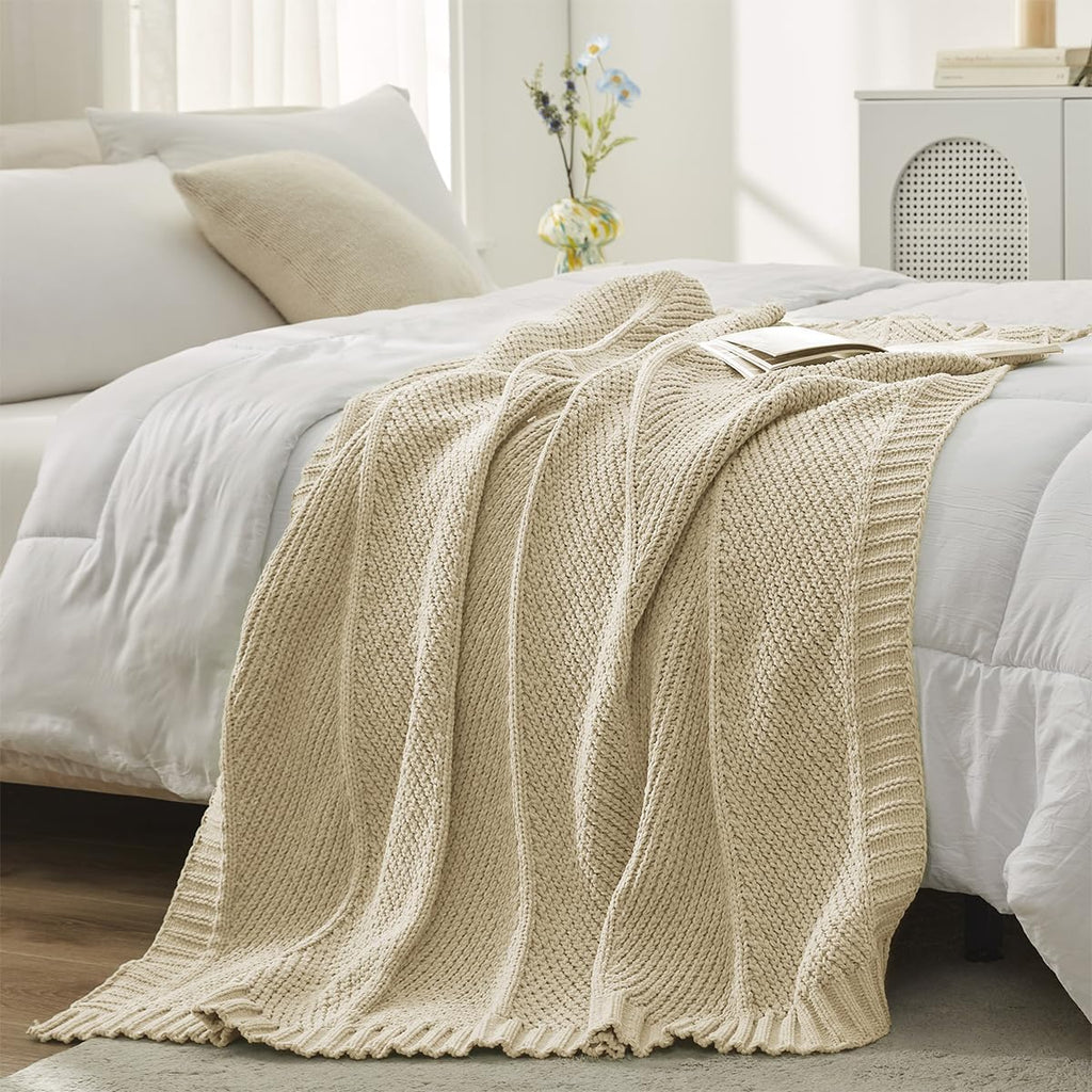 Beige Chenille Chevron Knit Throw Blanket 50x60 Inch