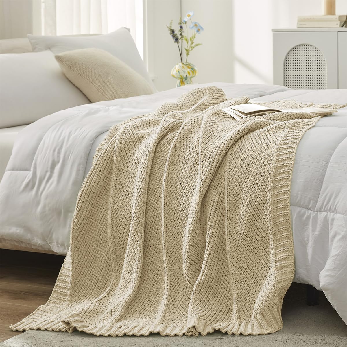 Beige Chenille Chevron Knit Throw Blanket 50x60 Inch