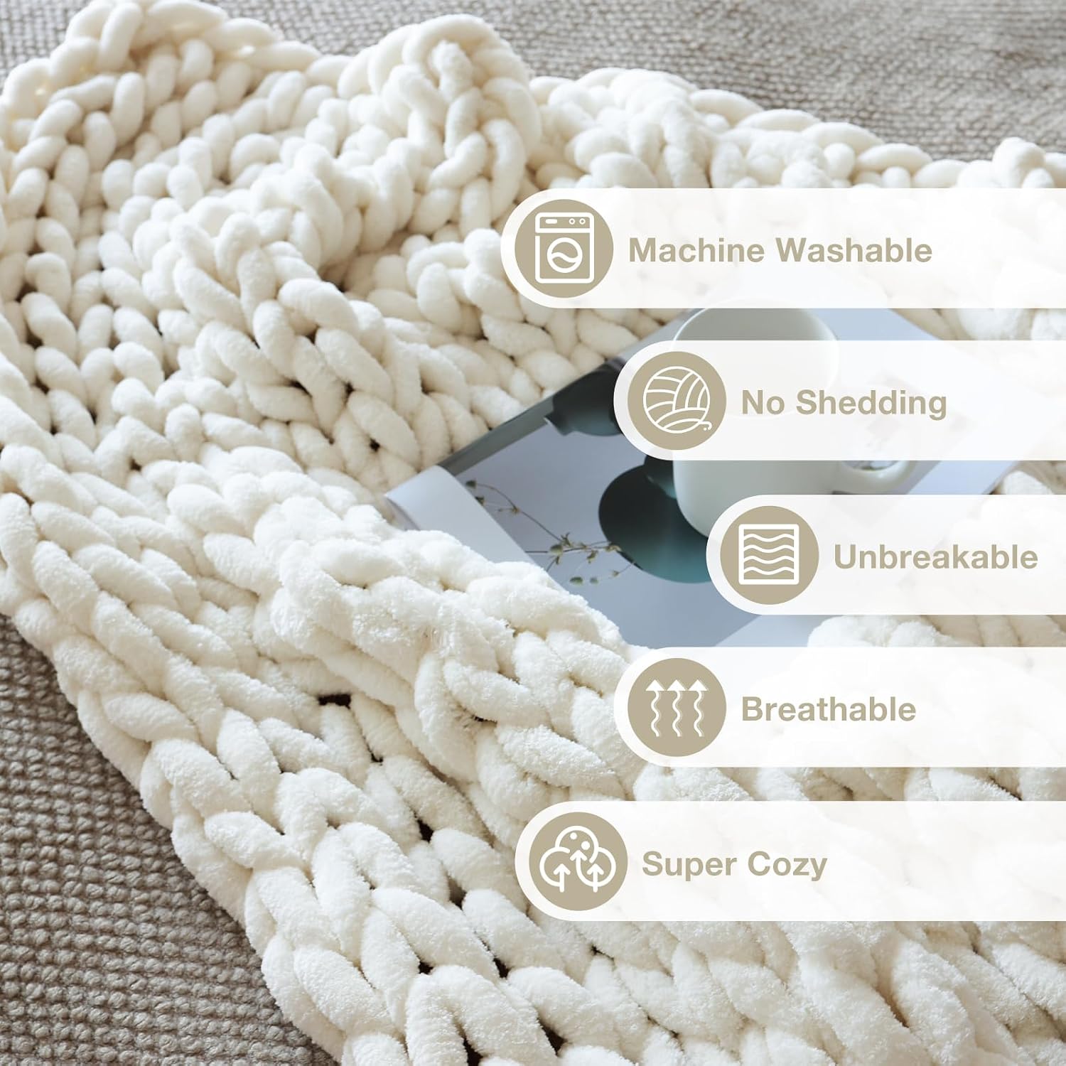 Ivory White Chunky Knit Throw Blanket 50x60 Inch