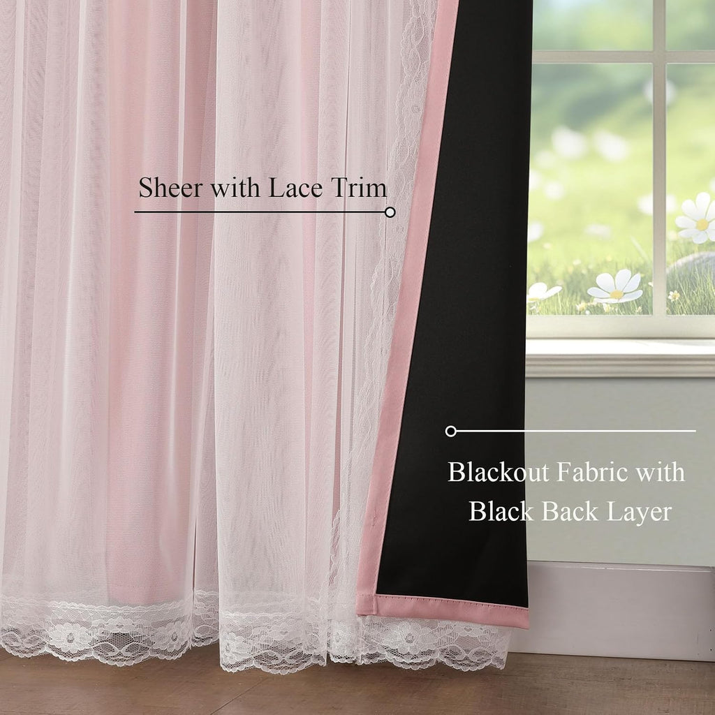 Set of 2 Pink Blackout Curtains with White Sheer 84"