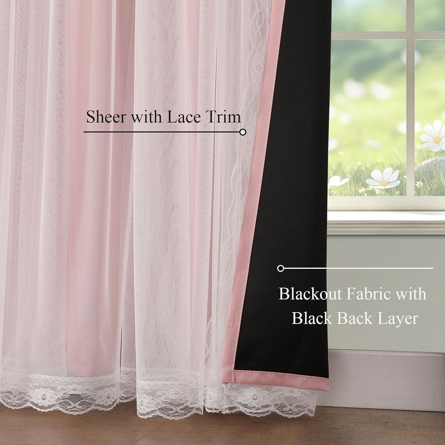 Set of 2 Pink Blackout Curtains with White Sheer 84"