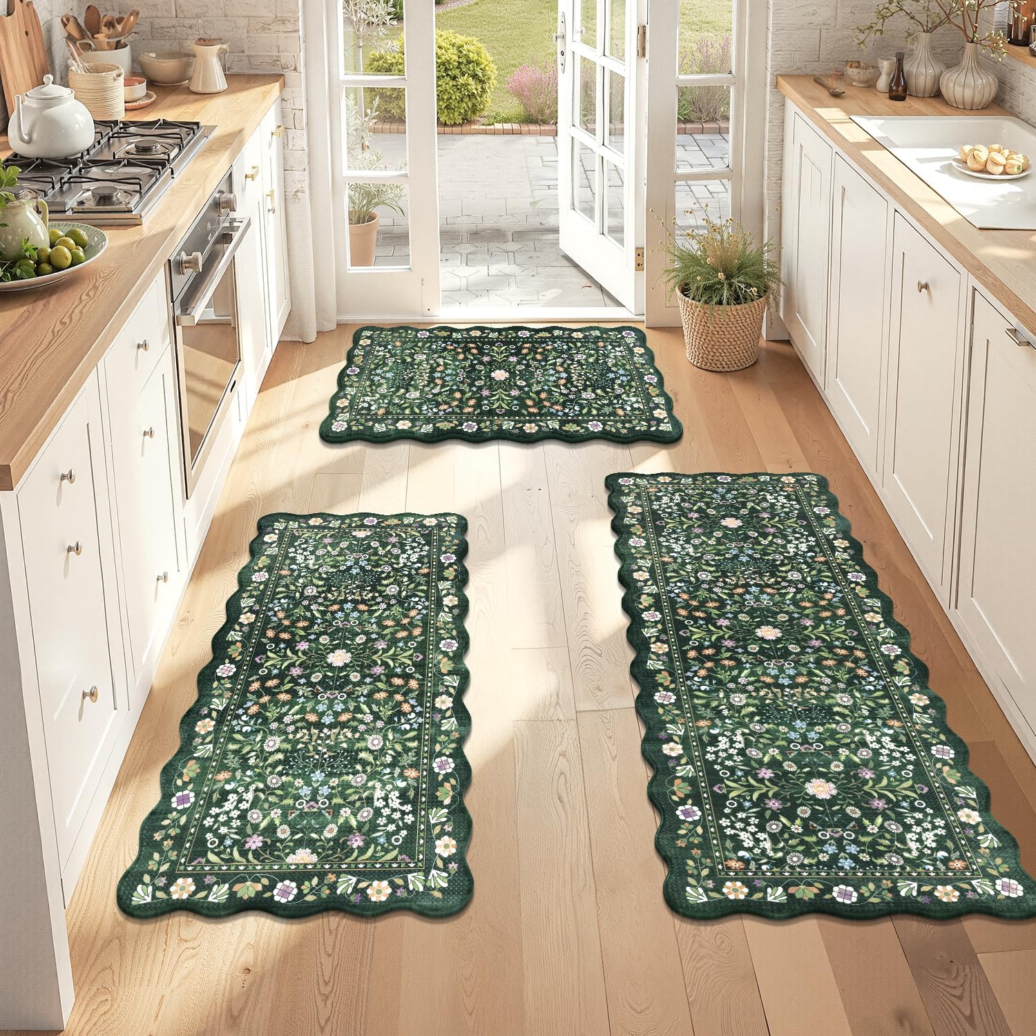 Green Scalloped Anti‑Fatigue Kitchen Rug Set of 3