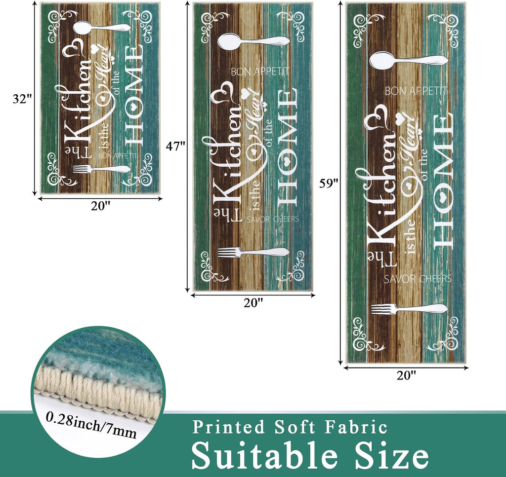 Teal Boho Washable Kitchen Rug Set of 3