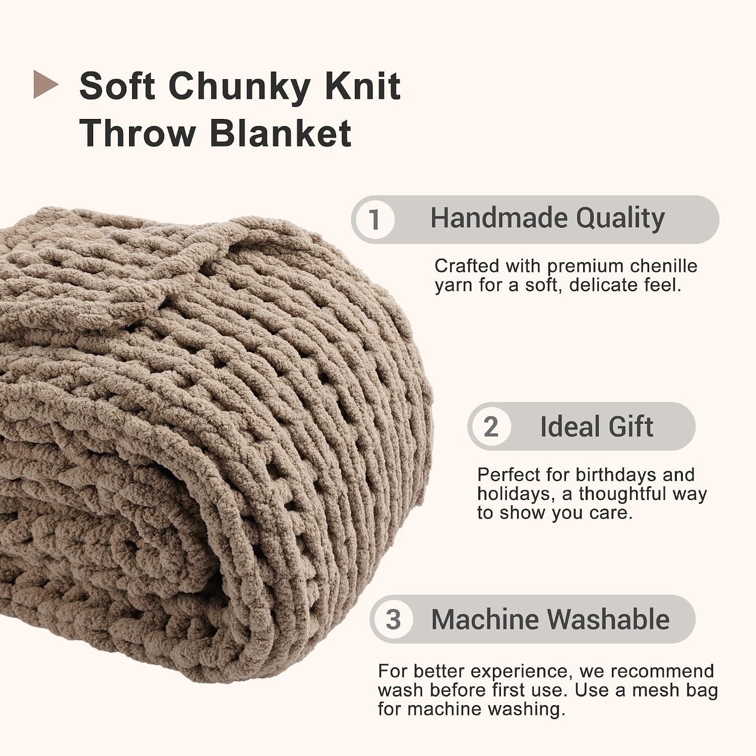 Beige Chunky Knit Chenille Throw Blanket 50x60