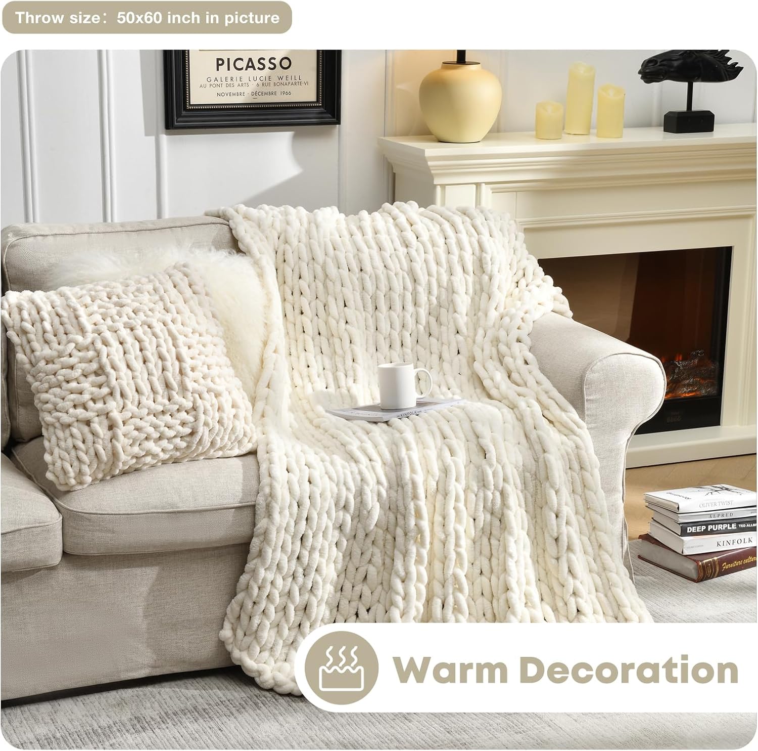 Ivory White Chunky Knit Throw Blanket 50x60 Inch