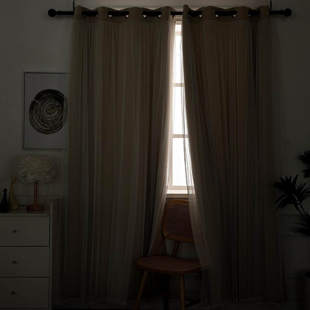 52x96" Beige Blackout Curtains with Sheer Overlay