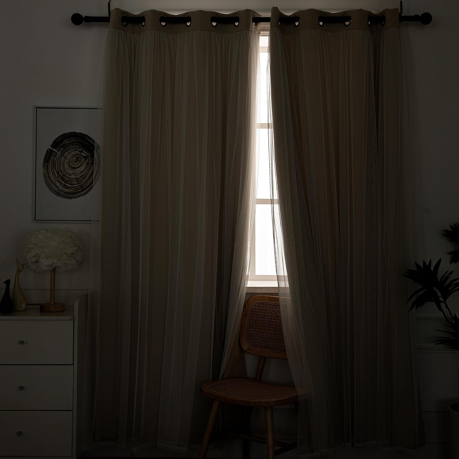 52x96" Beige Blackout Curtains with Sheer Overlay
