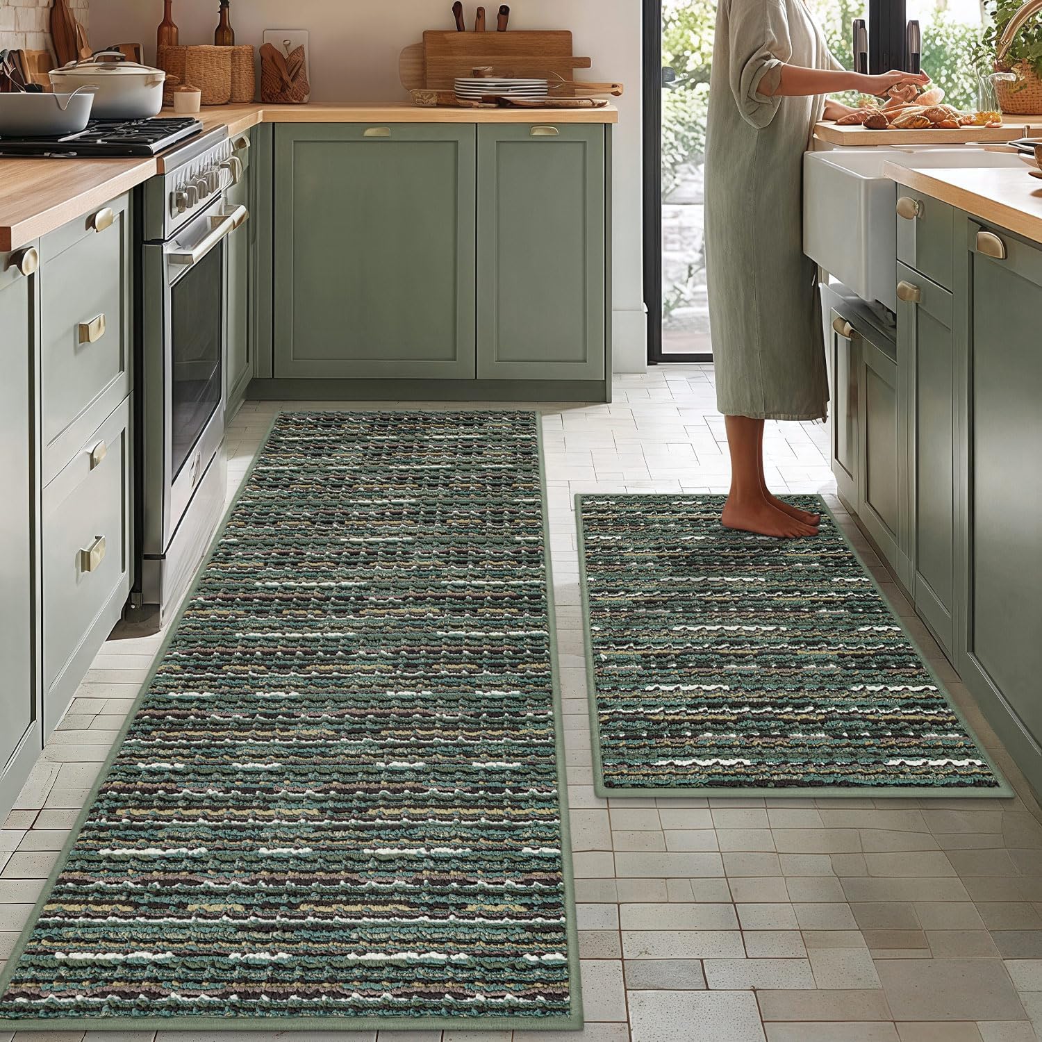 Green Non‑Slip Kitchen Rug Set of 2