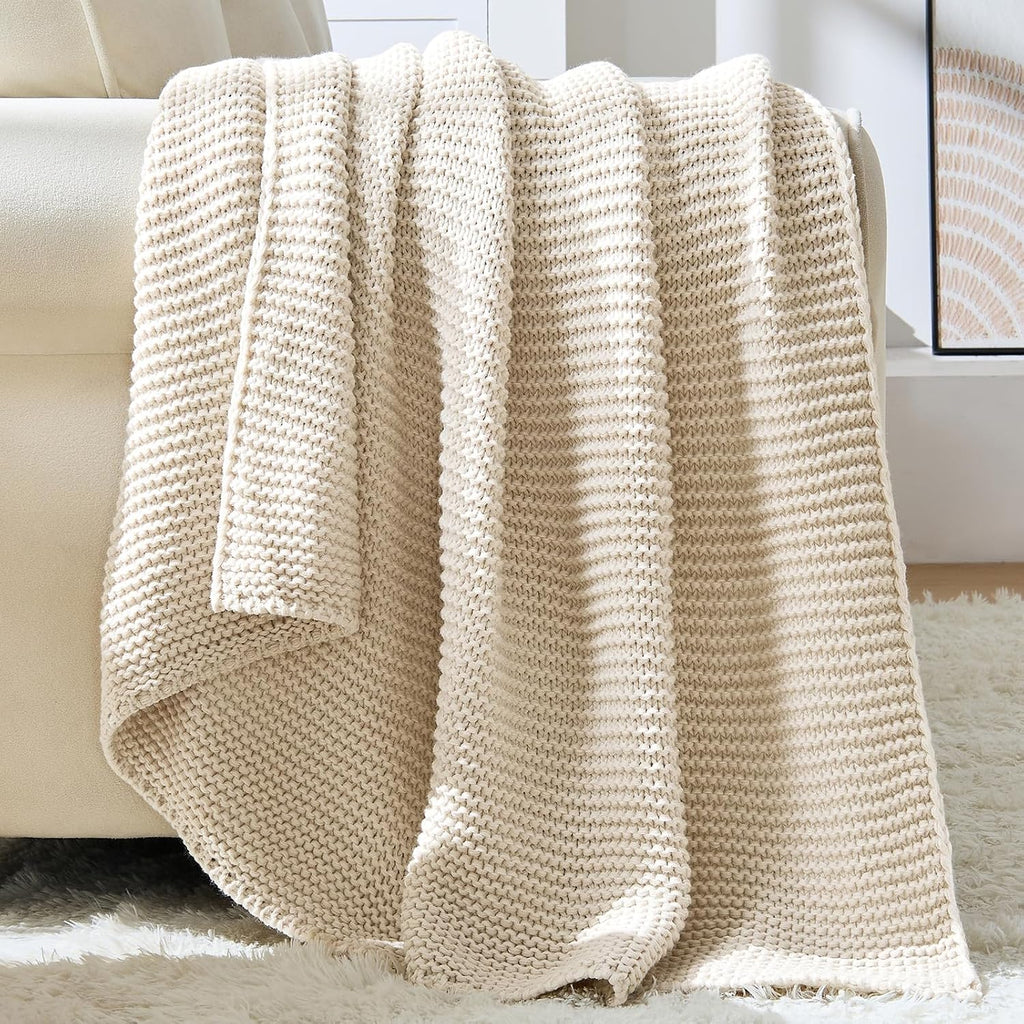Beige Garter Knit Throw Blanket 60x80 Inch