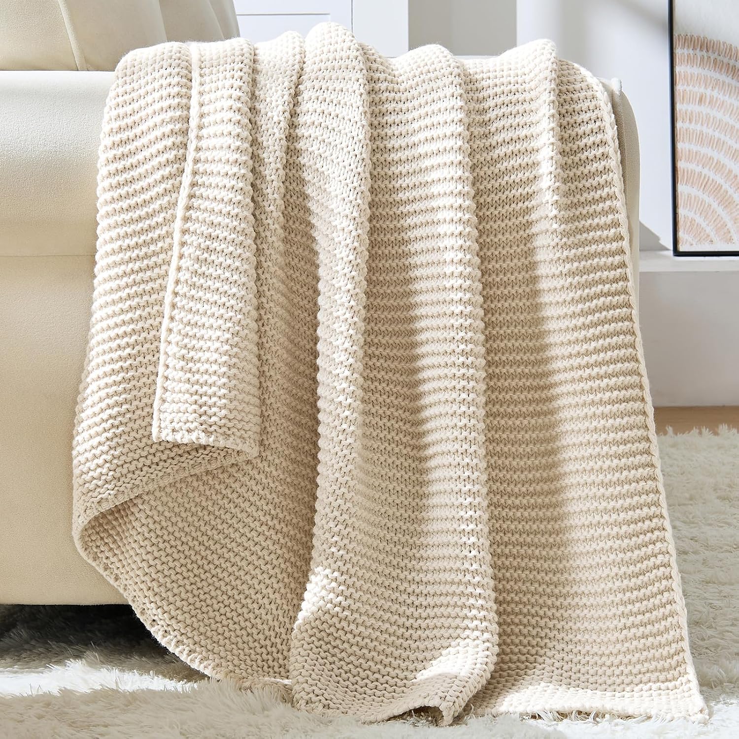 Beige Garter Knit Throw Blanket 60x80 Inch