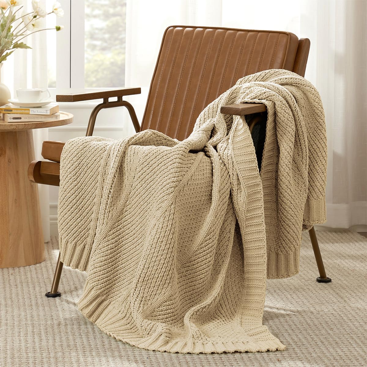 Beige Chenille Chevron Knit Throw Blanket 50x60 Inch