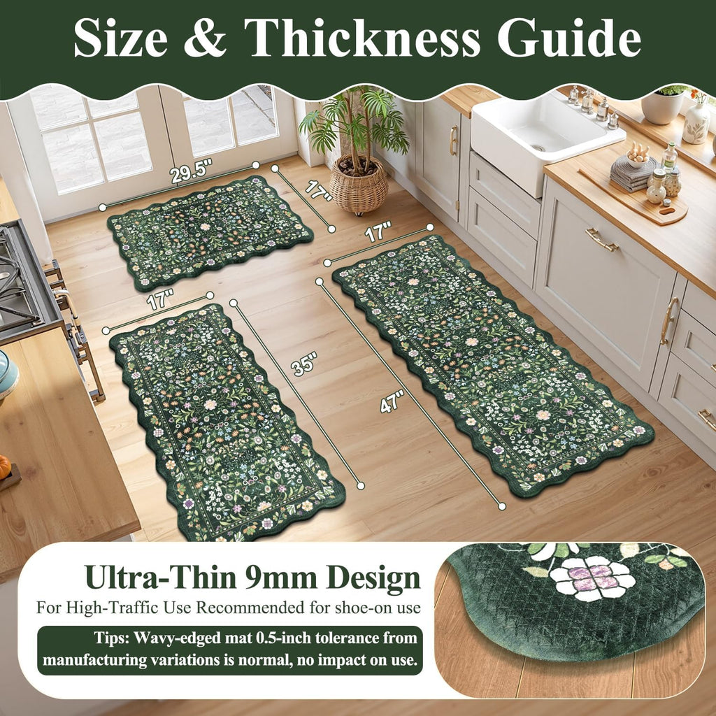 Green Scalloped Anti‑Fatigue Kitchen Rug Set of 3