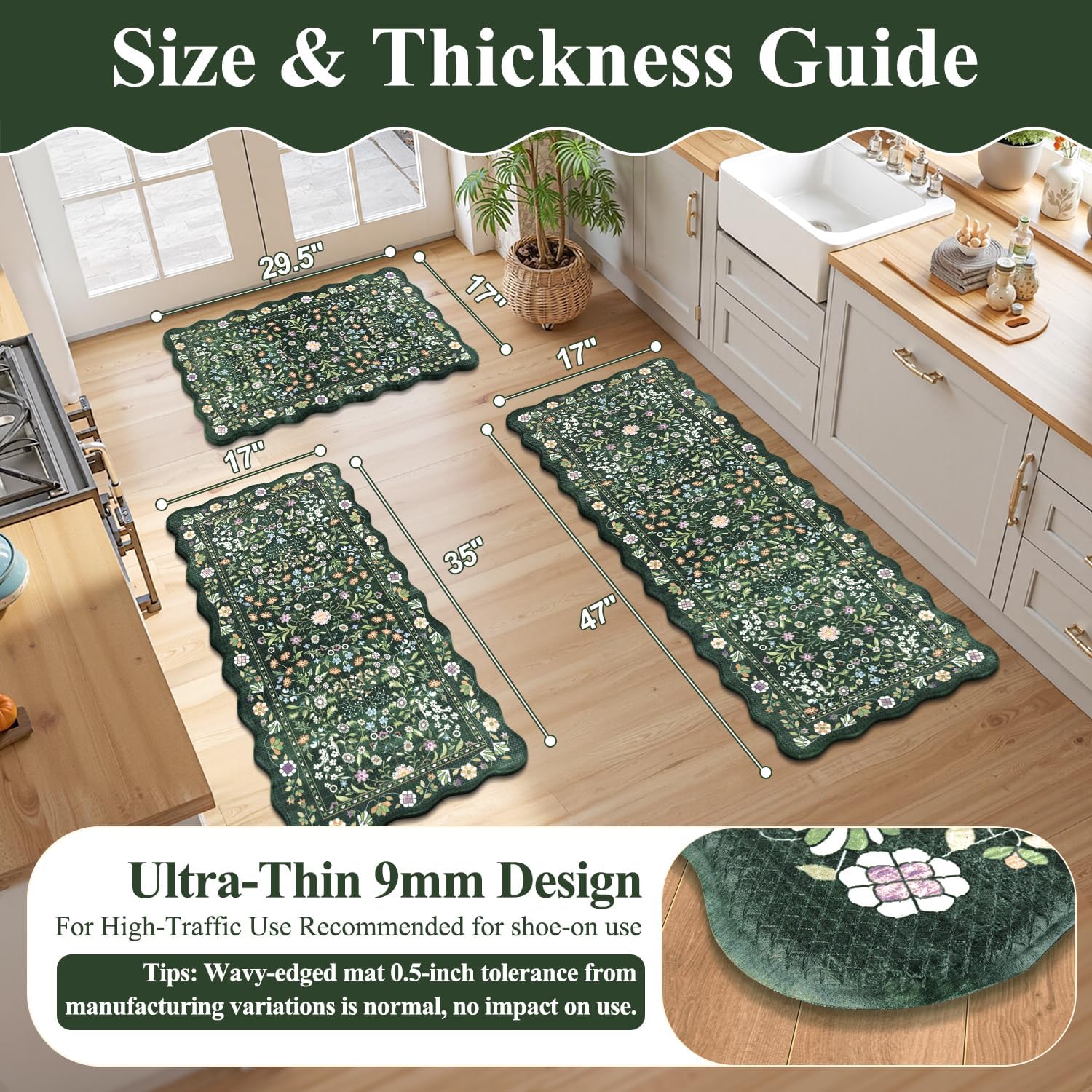 Green Scalloped Anti‑Fatigue Kitchen Rug Set of 3