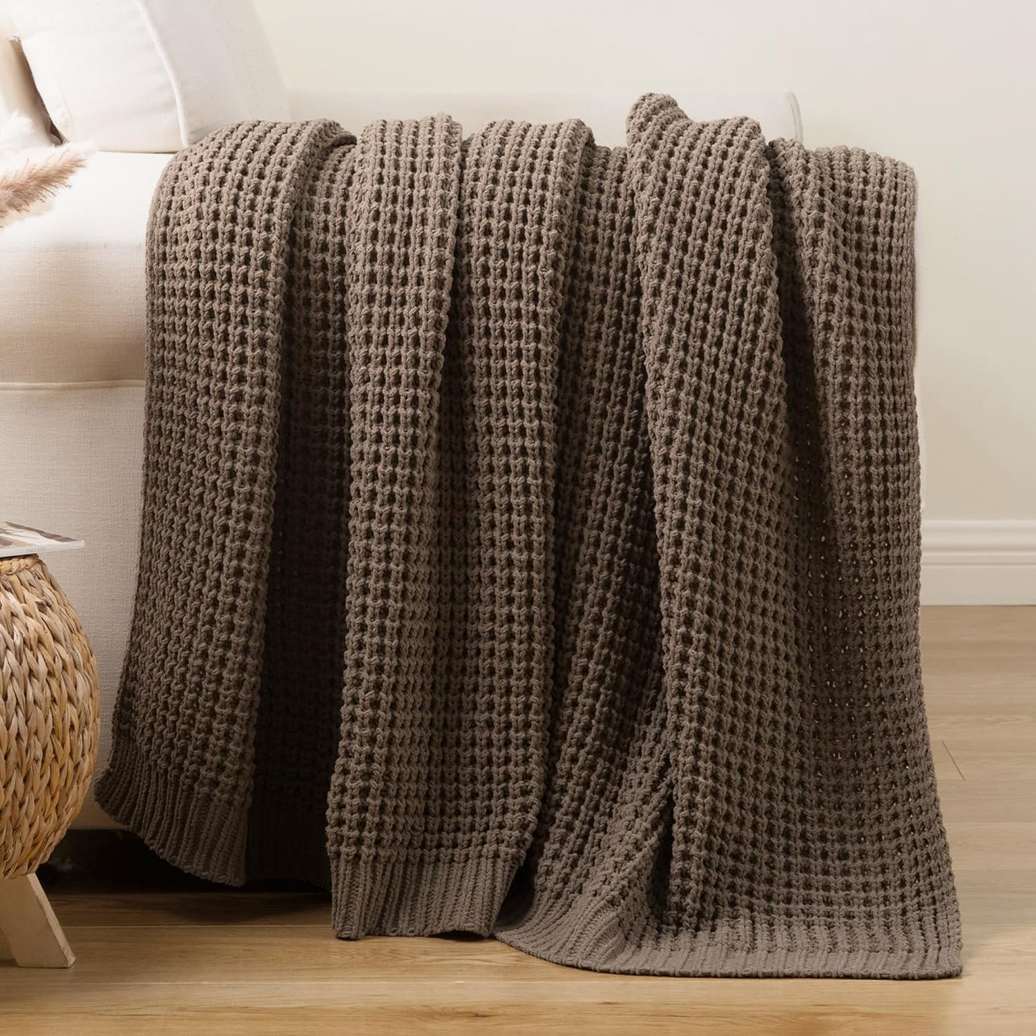 Camel Tan Waffle Knit Throw Blanket 50x60 Inch
