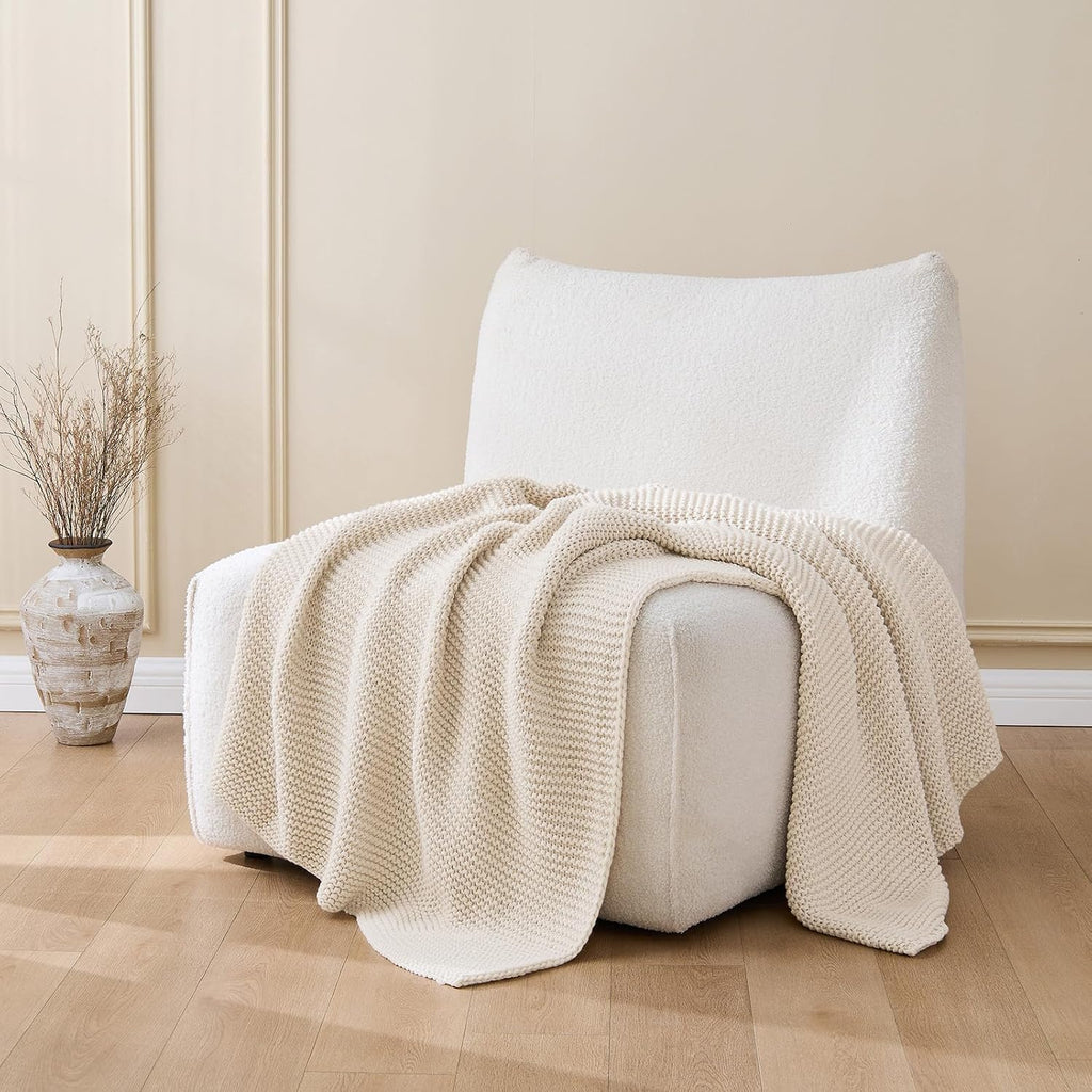 Beige Garter Knit Throw Blanket 60x80 Inch