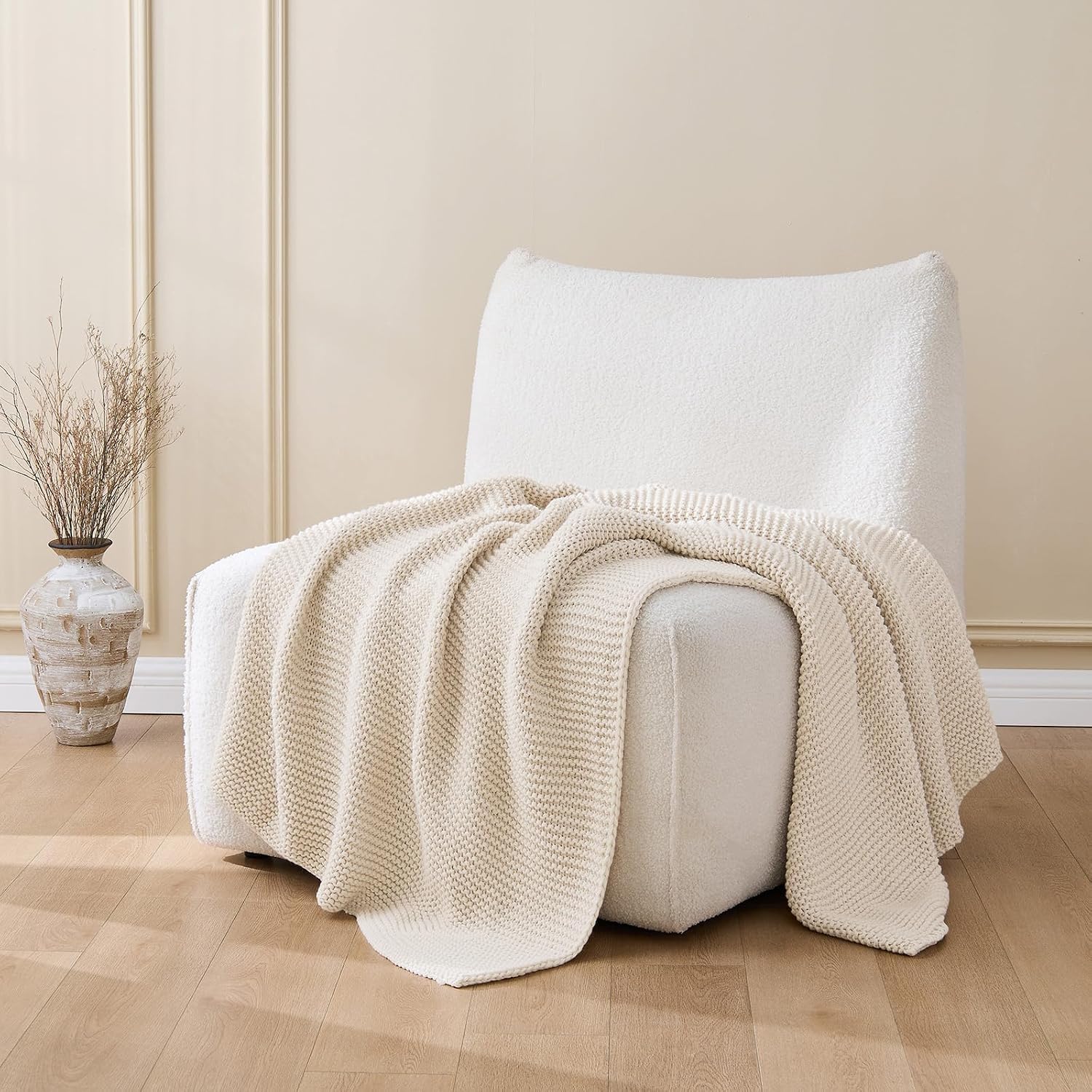 Beige Garter Knit Throw Blanket 60x80 Inch