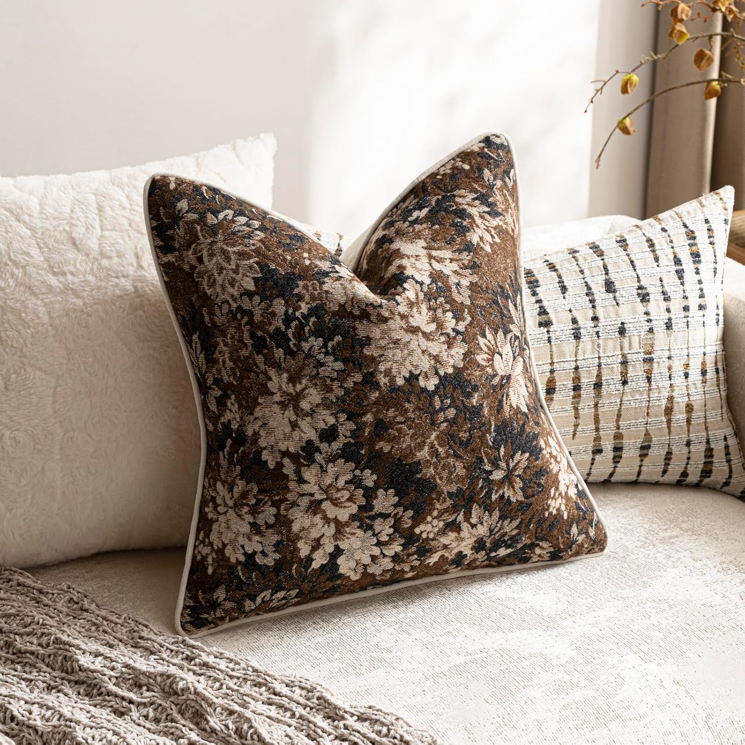 20x20" Set of 2 Dark Brown Chenille Pillow Covers