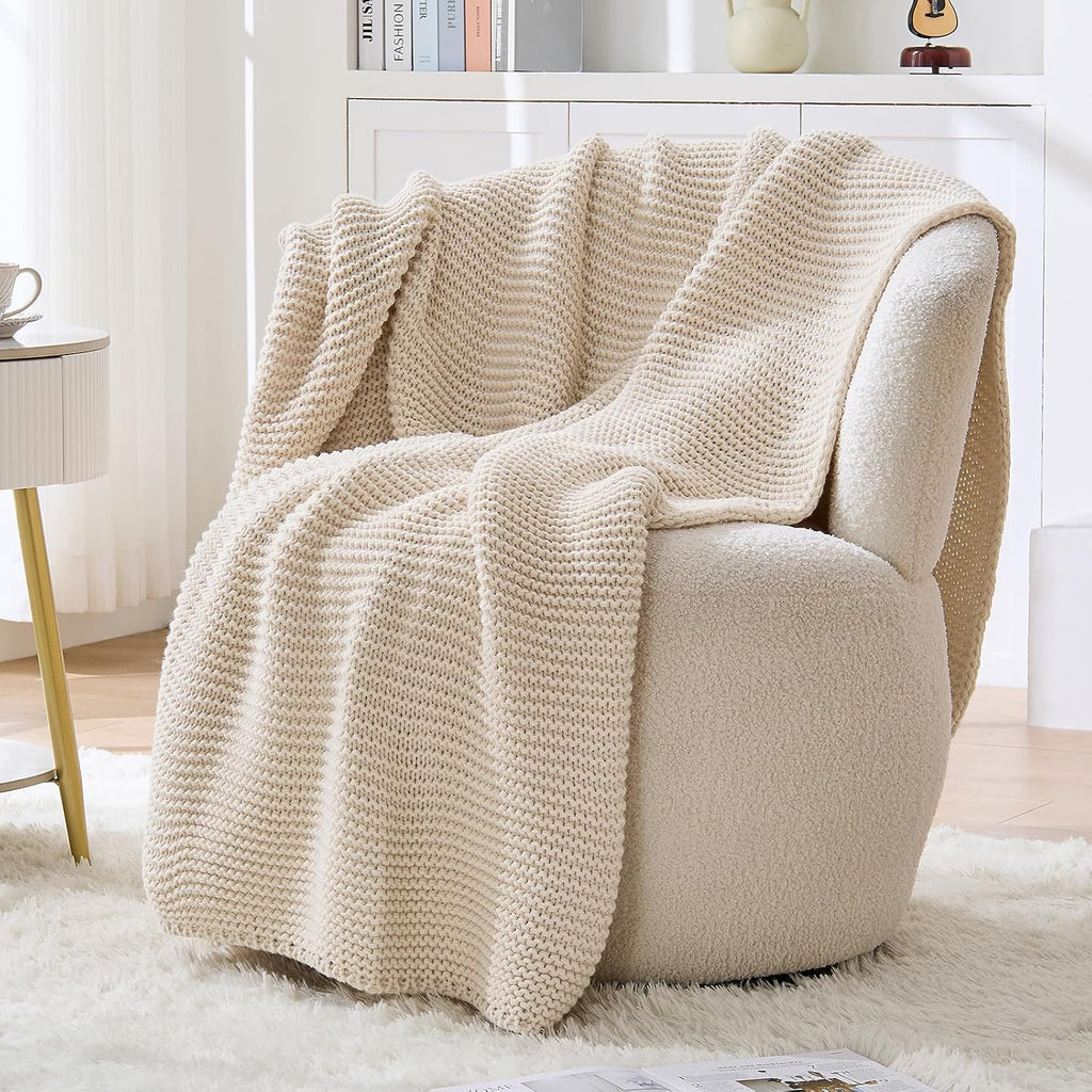 Beige Garter Knit Throw Blanket 60x80 Inch