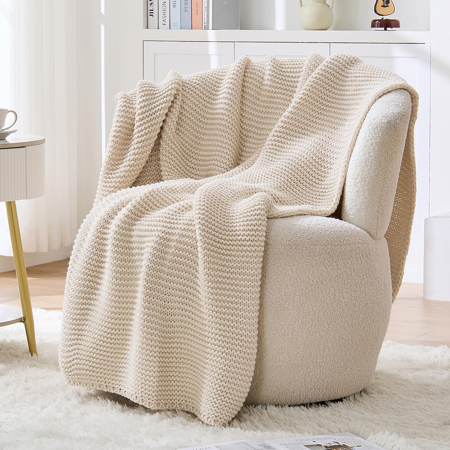 Beige Garter Knit Throw Blanket 60x80 Inch