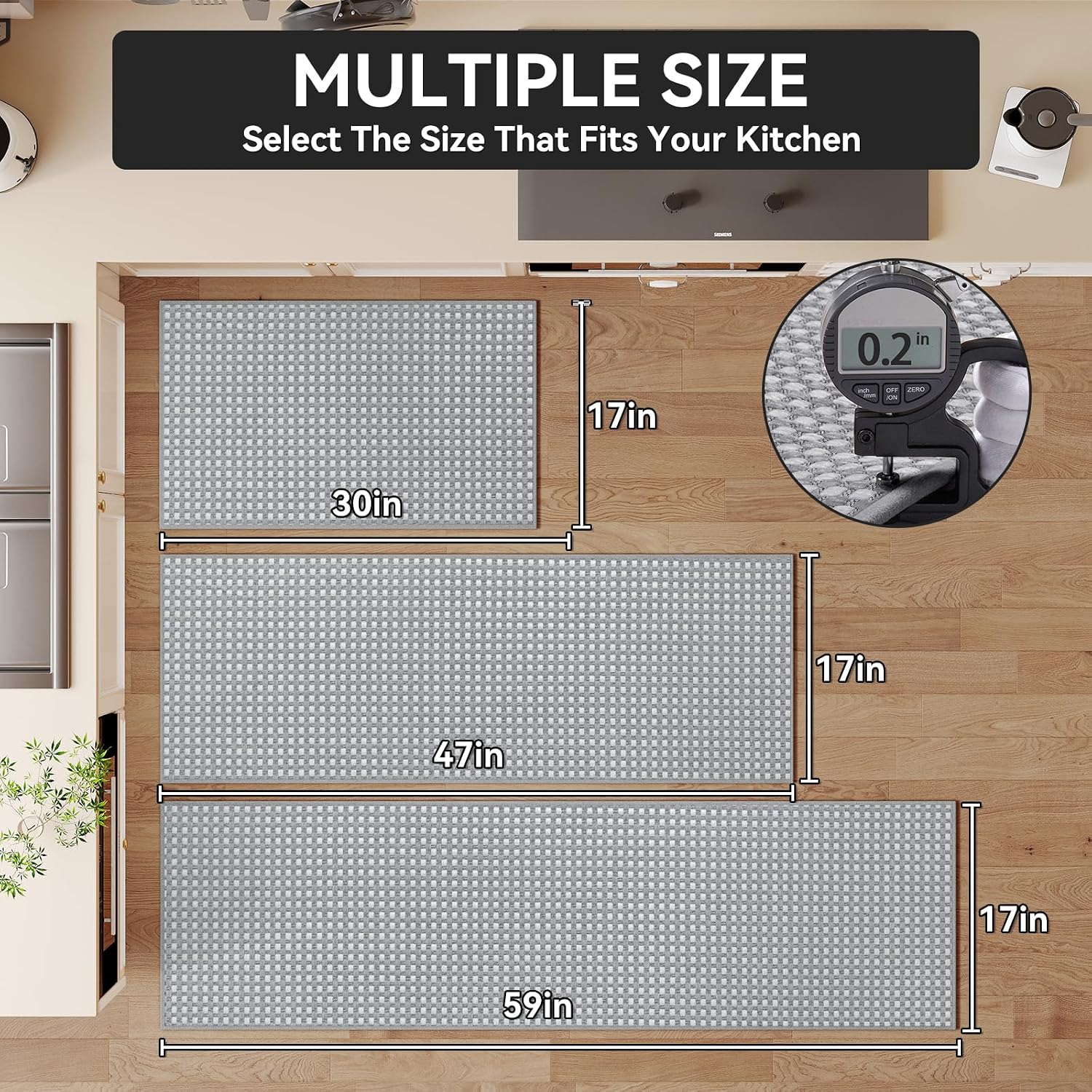 Gray Non‑Slip Washable Kitchen Rug 17"x47"