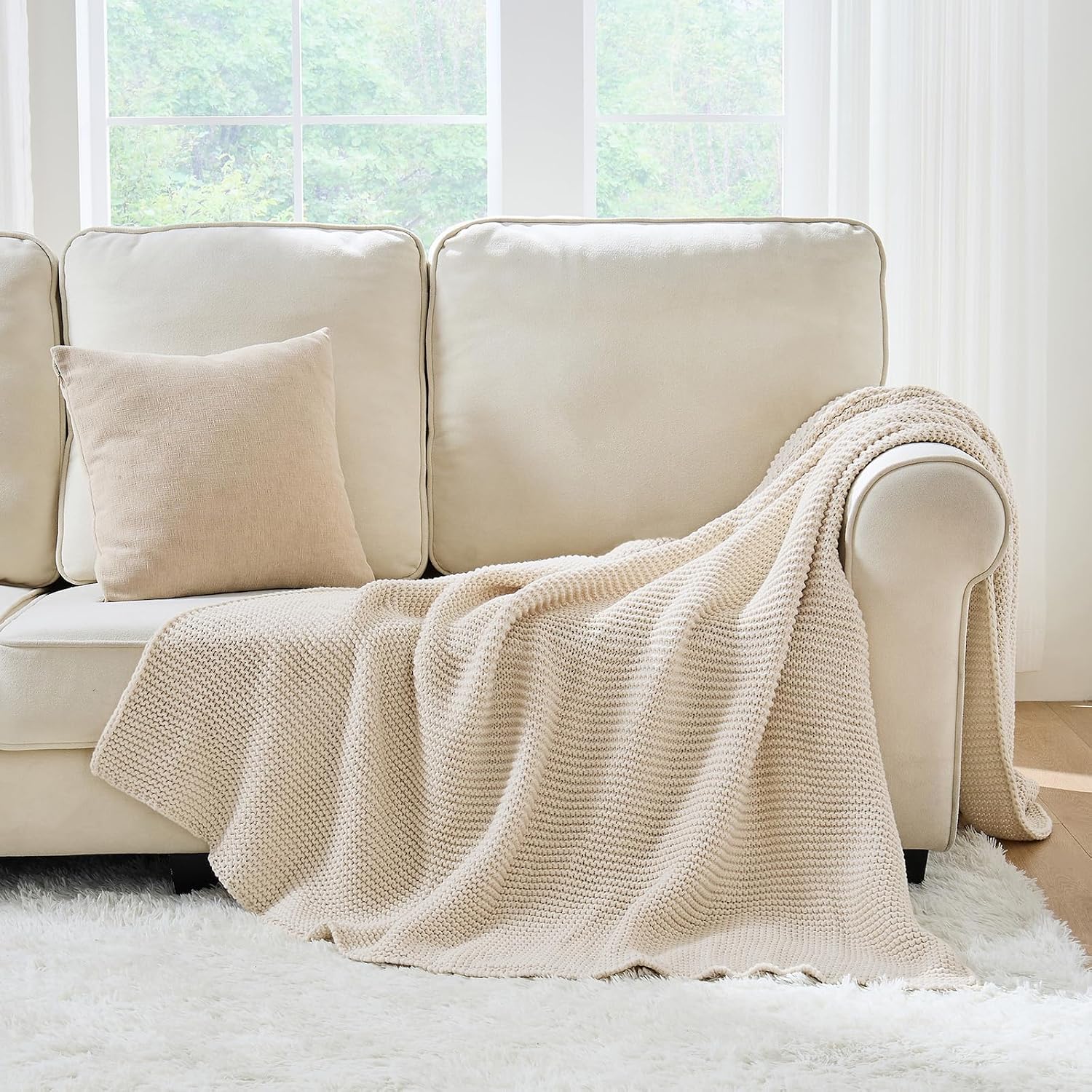 Beige Garter Knit Throw Blanket 60x80 Inch