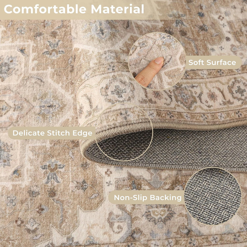 Beige Cream Boho Washable Kitchen Rug Set of 3