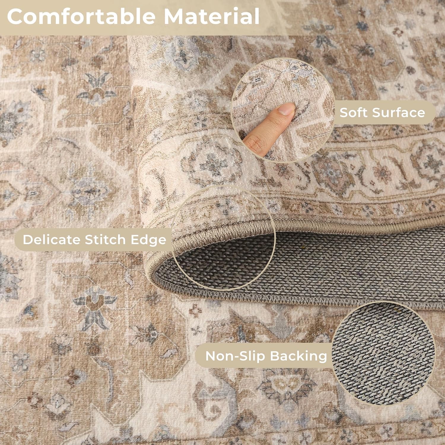 Beige Cream Boho Washable Kitchen Rug Set of 3