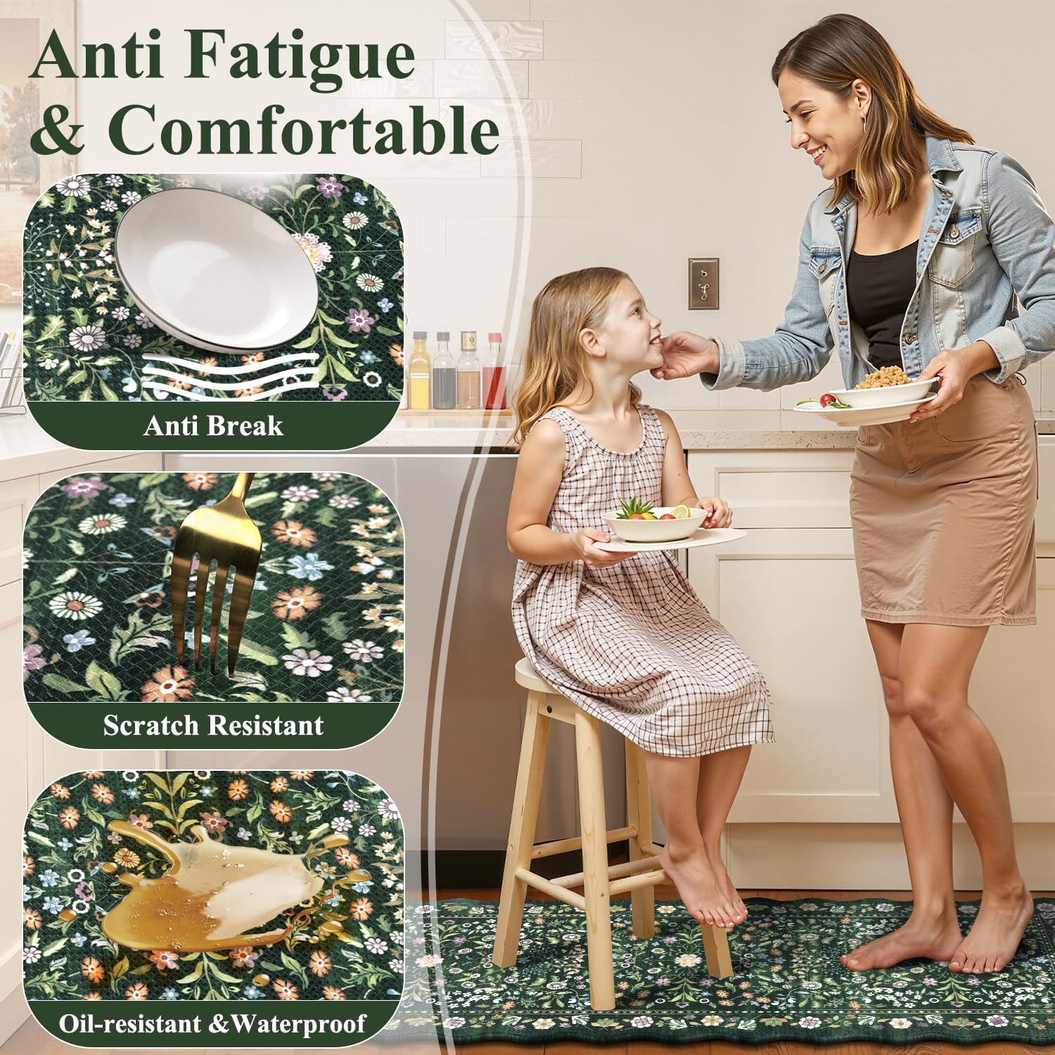Green Scalloped Anti‑Fatigue Kitchen Rug Set of 3