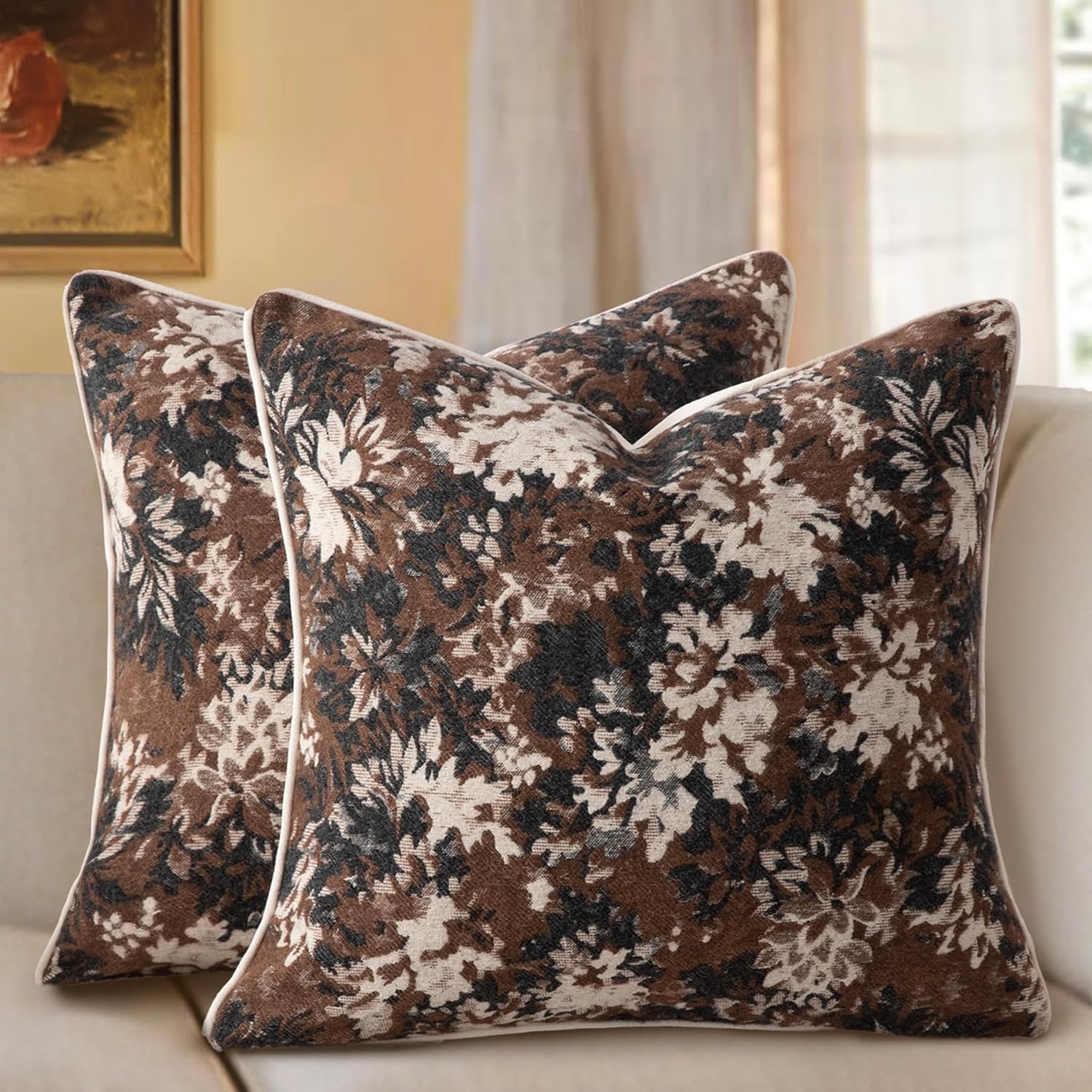 Set of 2 Coffee Brown Tapestry Chenille Pillow Covers