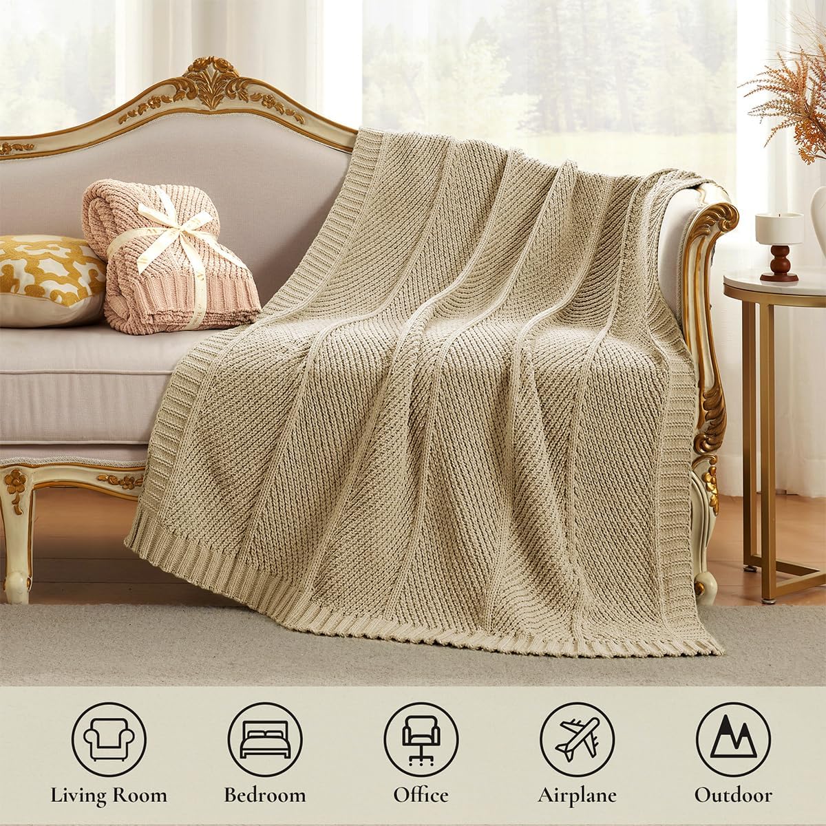 Beige Chenille Chevron Knit Throw Blanket 50x60 Inch