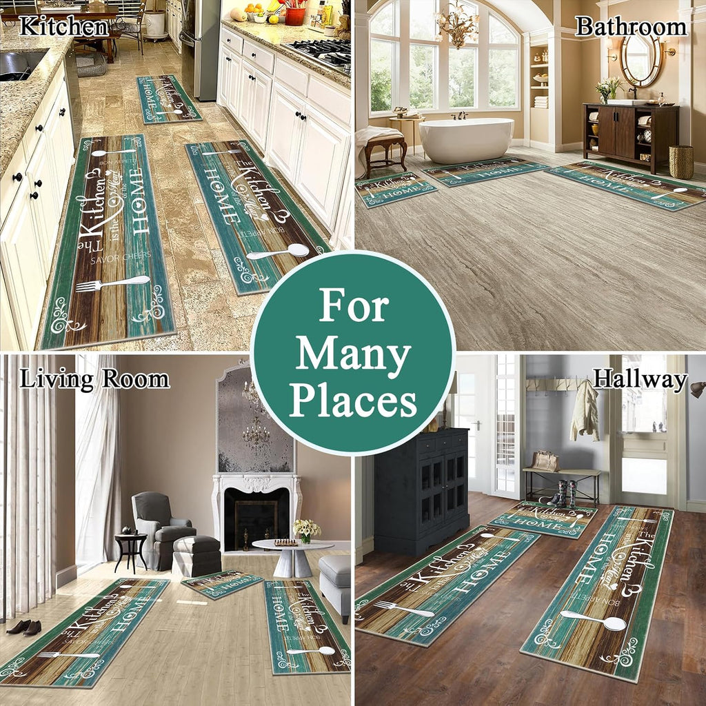 Teal Boho Washable Kitchen Rug Set of 3