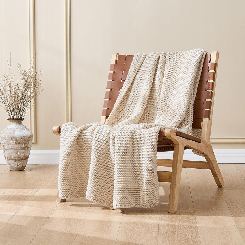 Beige Garter Knit Throw Blanket 60x80 Inch
