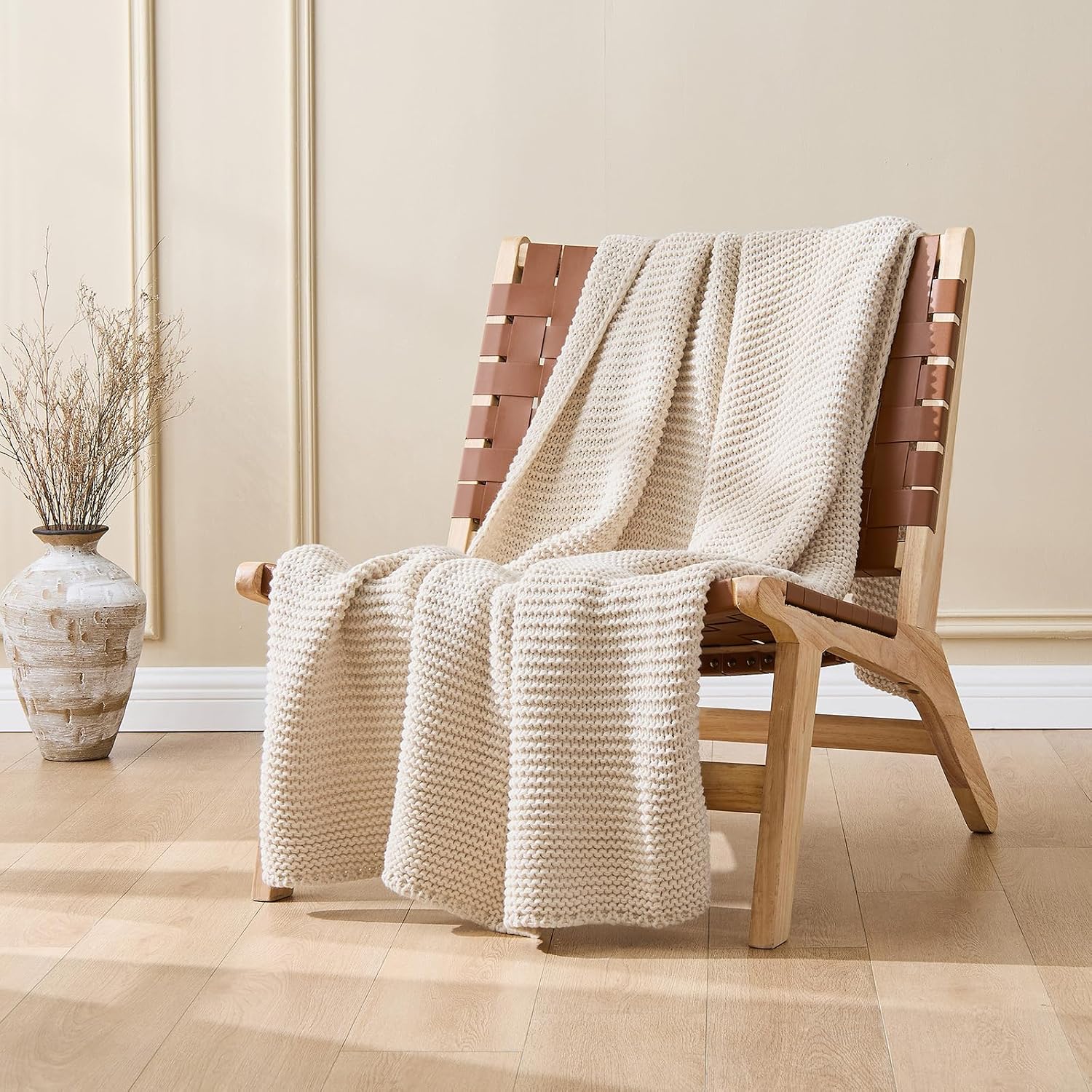 Beige Garter Knit Throw Blanket 60x80 Inch