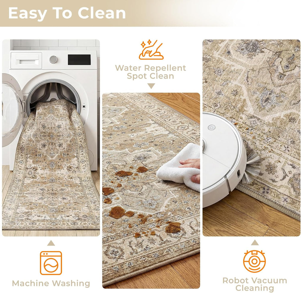 Beige Cream Boho Washable Kitchen Rug Set of 3