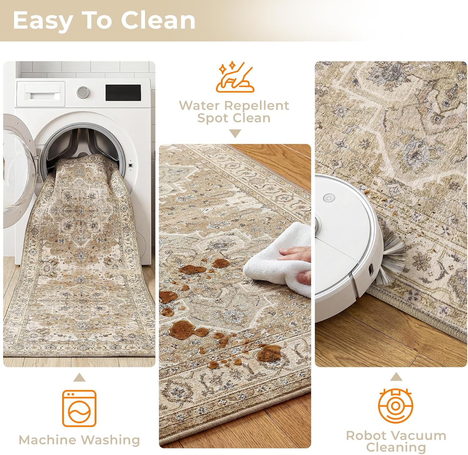 Beige Cream Boho Washable Kitchen Rug Set of 3