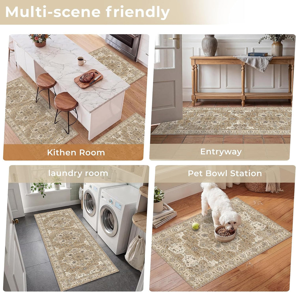 Beige Cream Boho Washable Kitchen Rug Set of 3