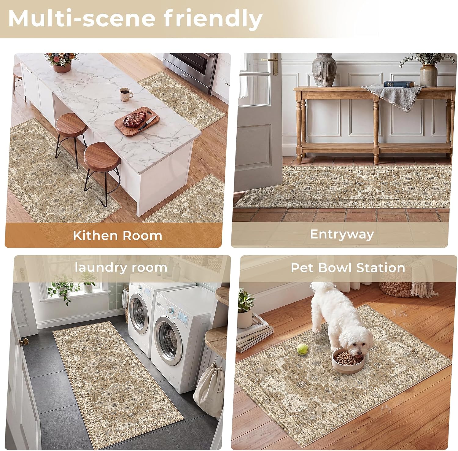 Beige Cream Boho Washable Kitchen Rug Set of 3
