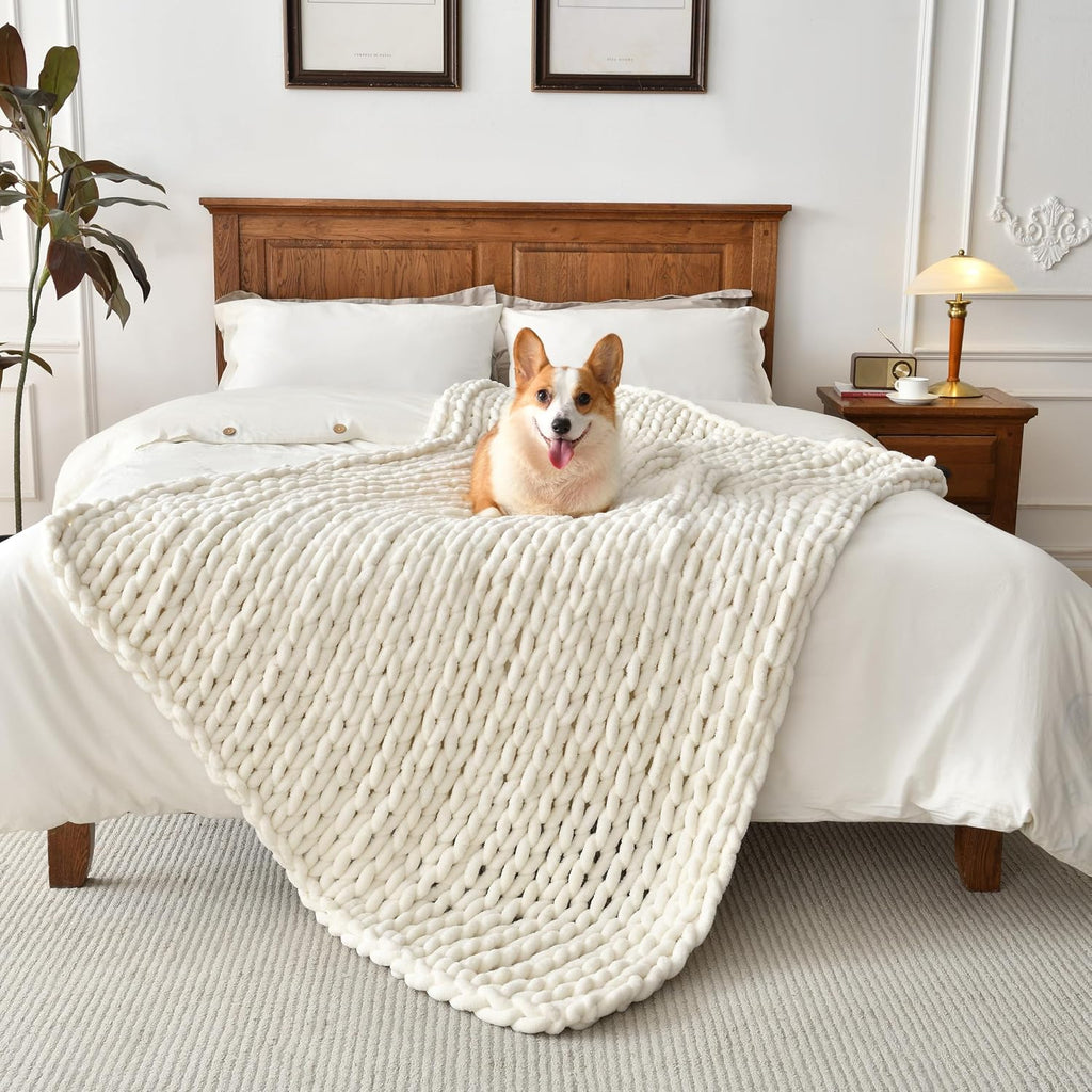 Ivory White Chunky Knit Throw Blanket 50x60 Inch