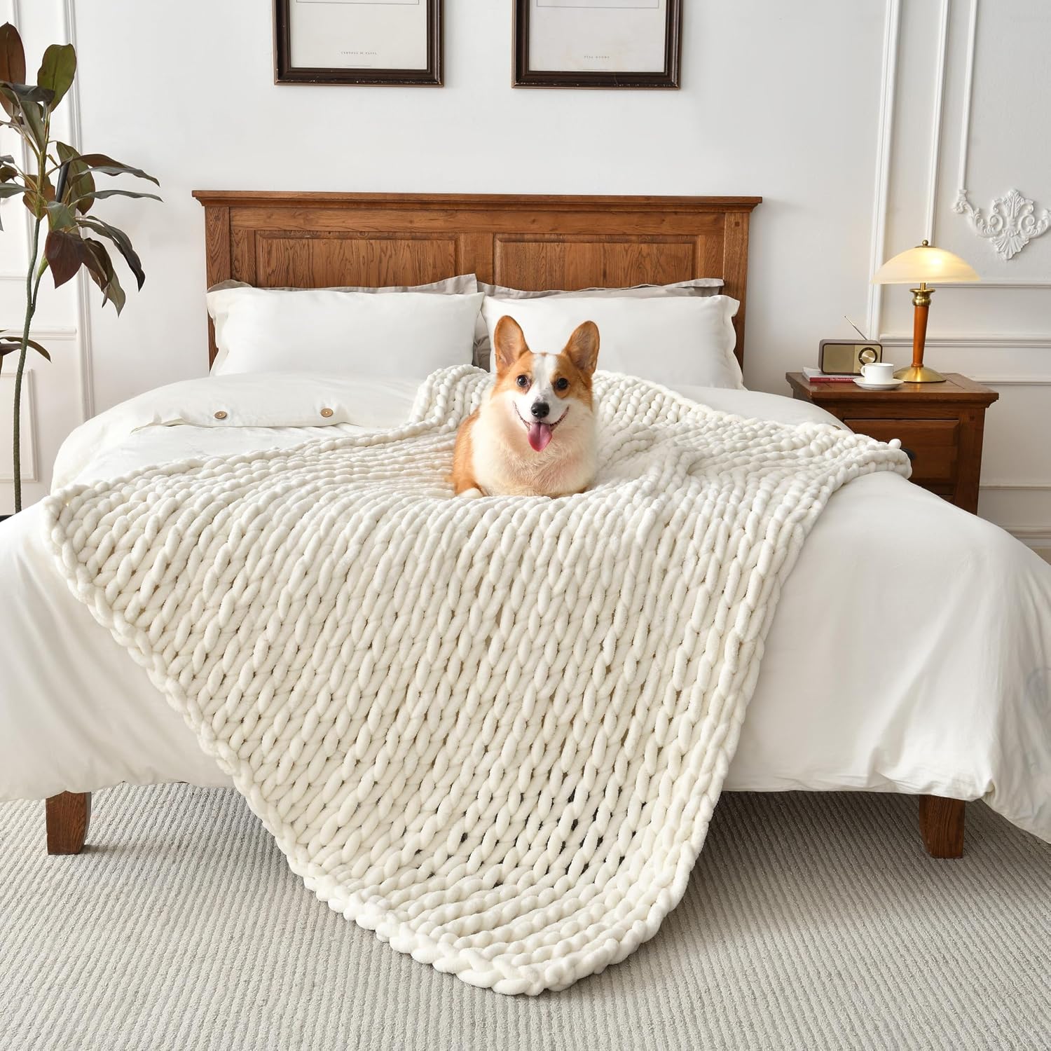 Ivory White Chunky Knit Throw Blanket 50x60 Inch