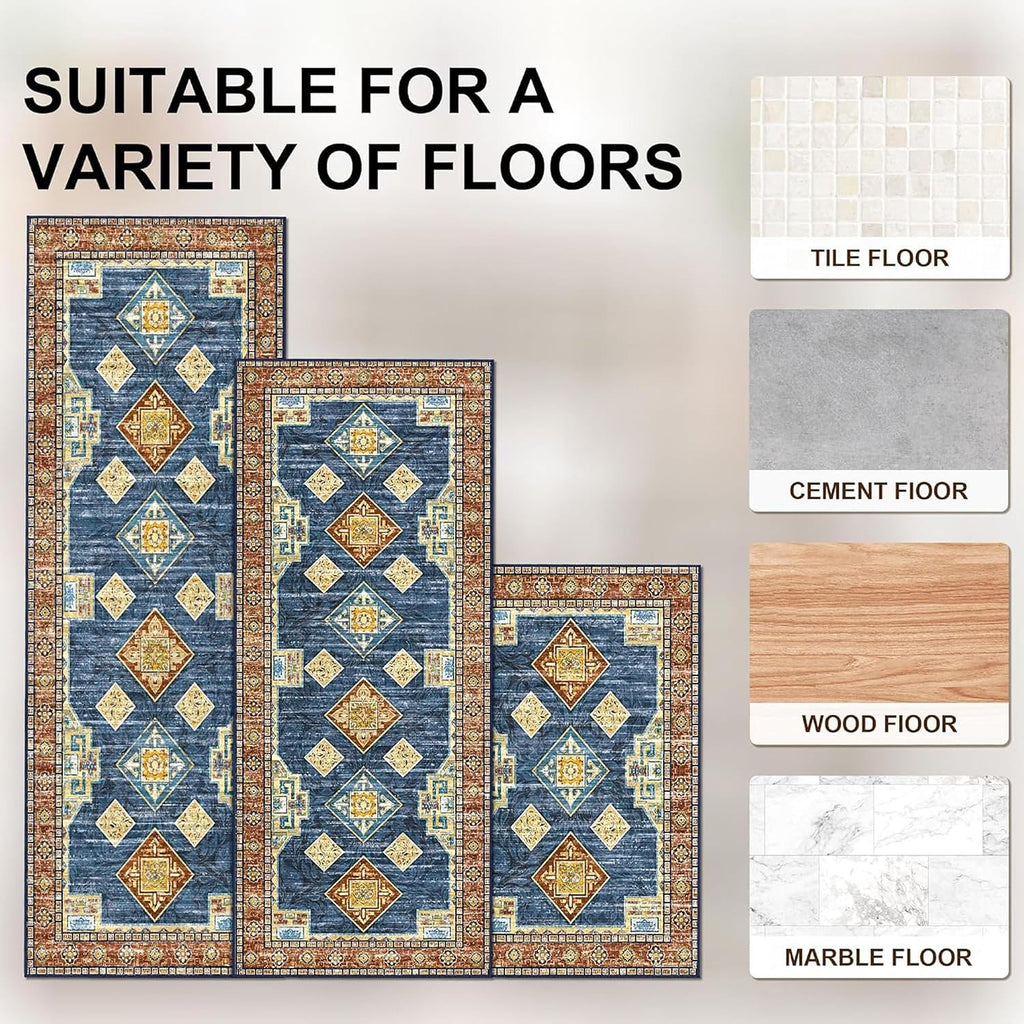 Blue Non‑Slip Washable Kitchen Rug Set of 3
