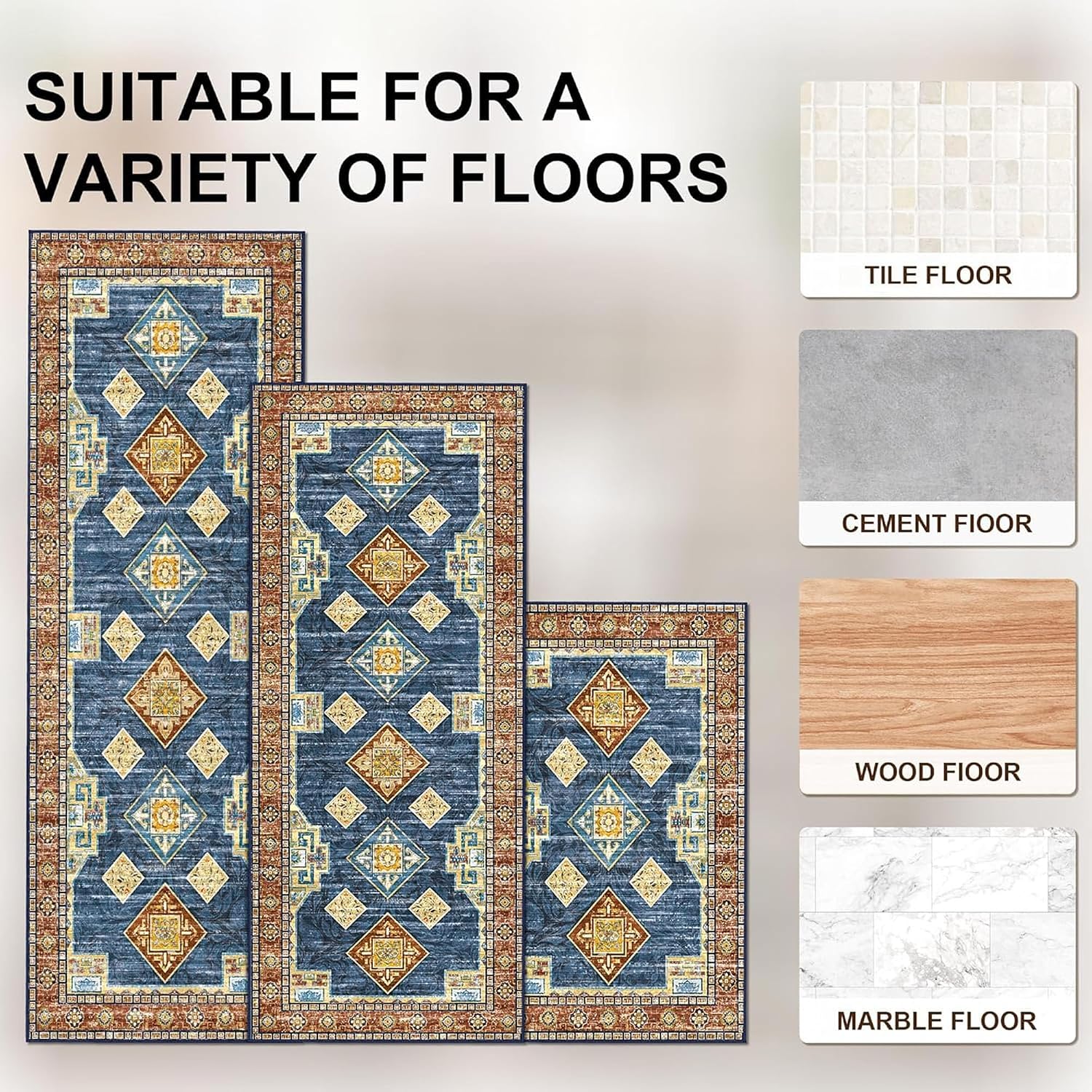 Blue Non‑Slip Washable Kitchen Rug Set of 3