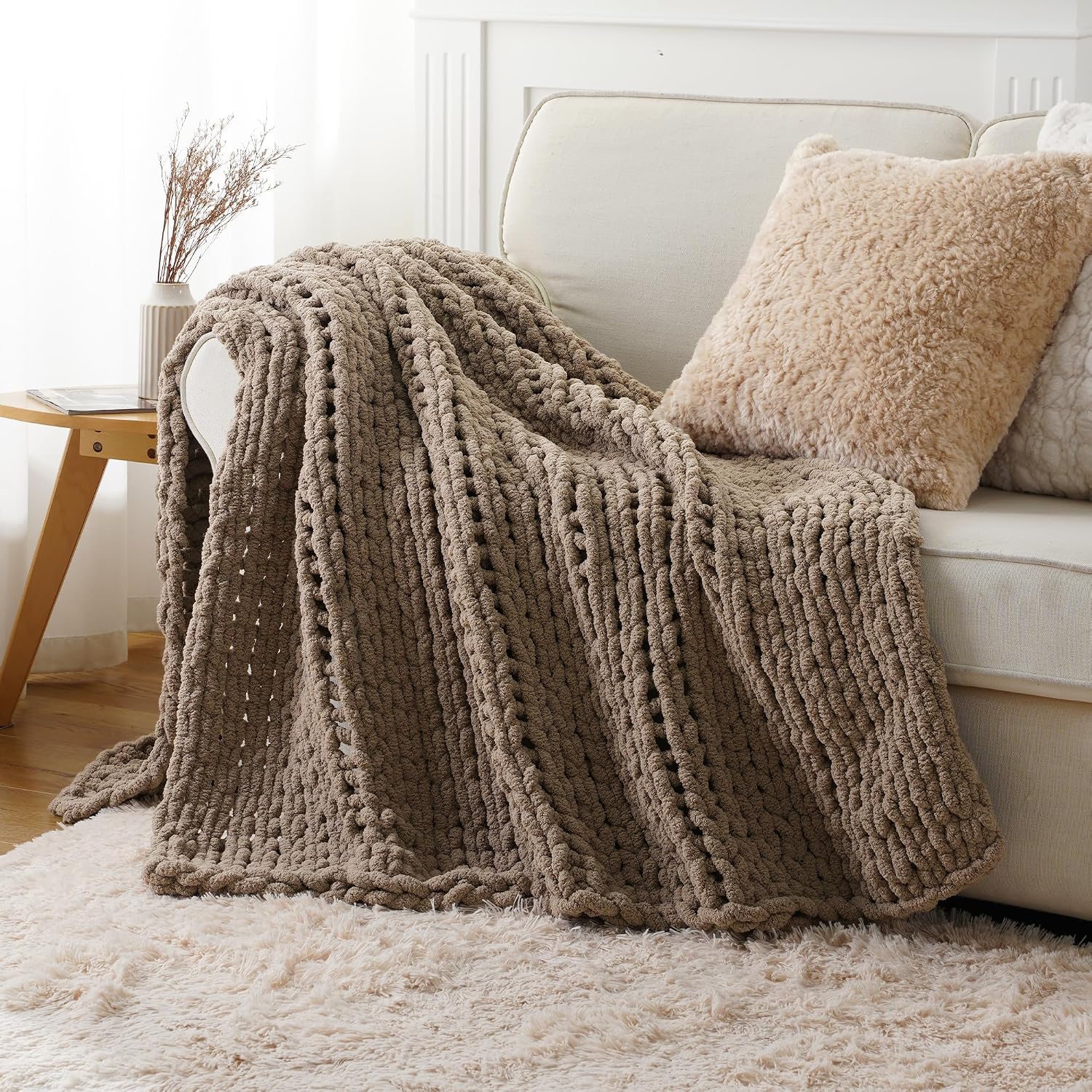 Beige Chunky Knit Chenille Throw Blanket 50x60