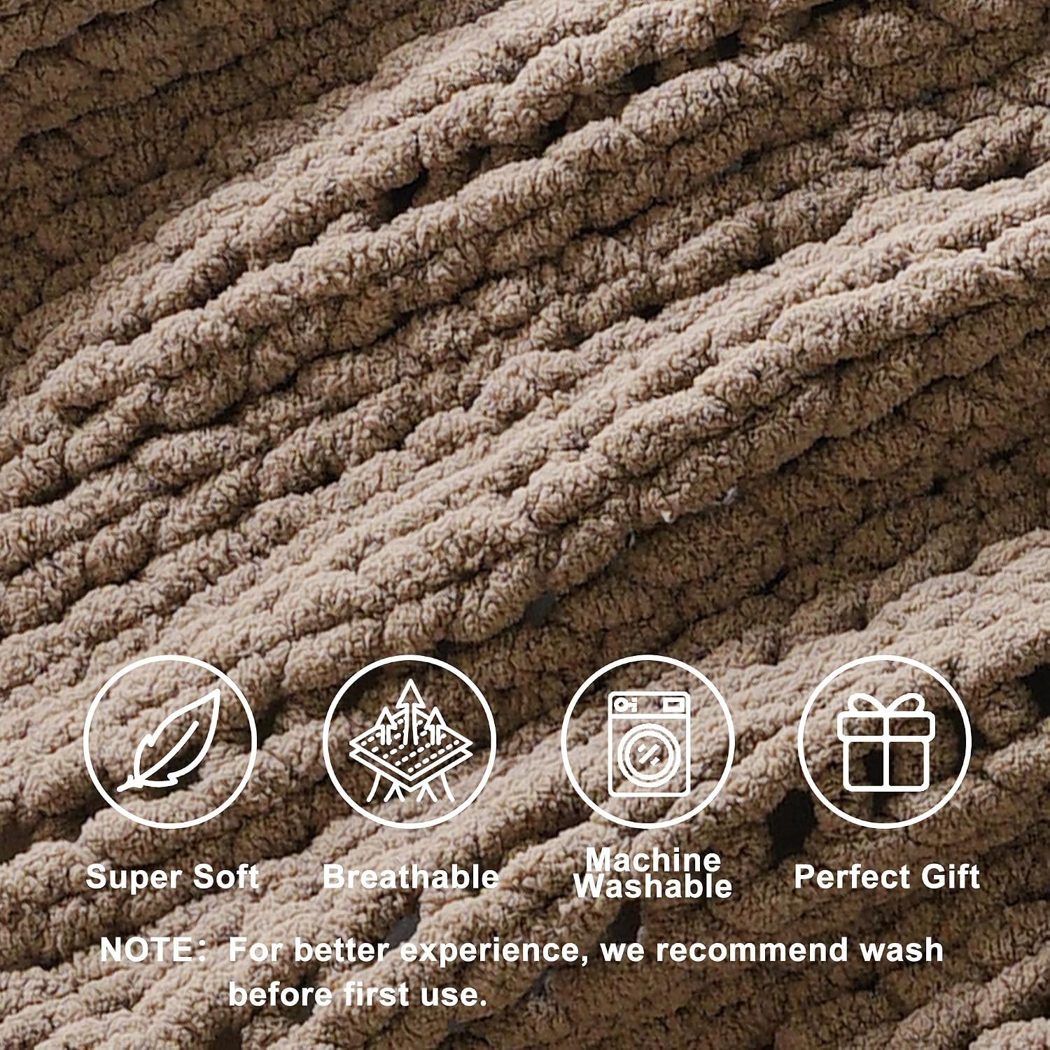 Beige Chunky Knit Chenille Throw Blanket 50x60
